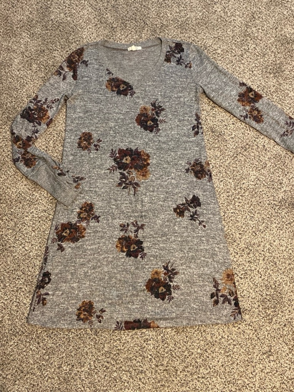 Maurices Floral Knit Dress, Gray Heather with Autumn Rose Print, Size Small.